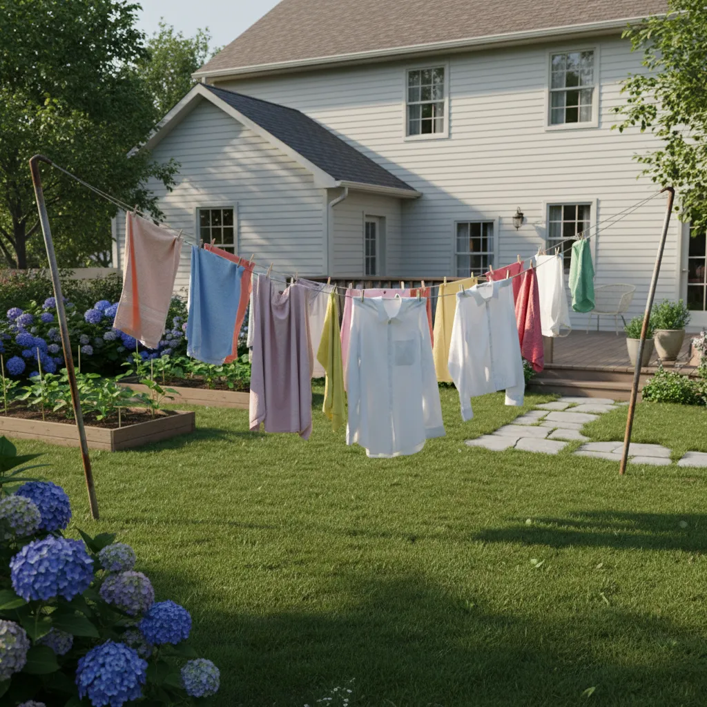 Outdoor clothesline sagging under weight of wet laundry
