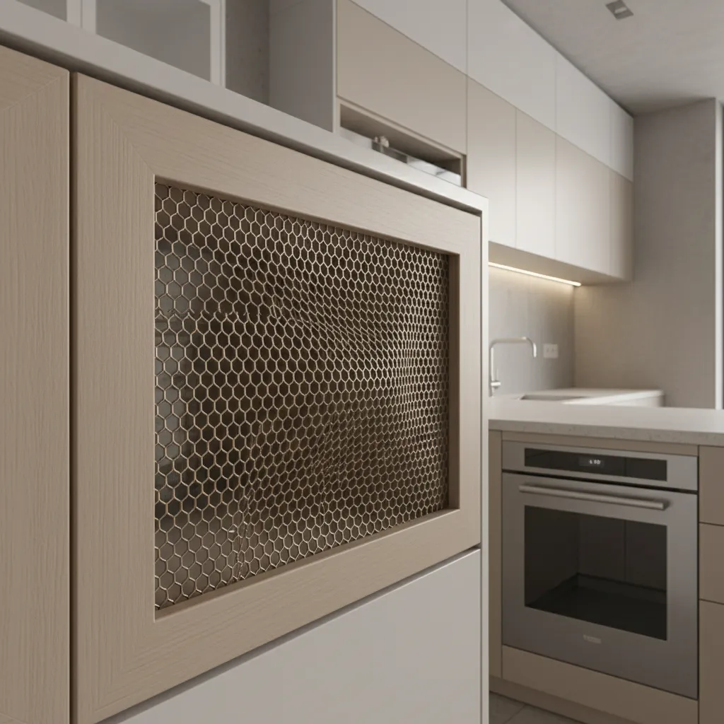 Kitchen cabinet with sagging wire mesh panel in door