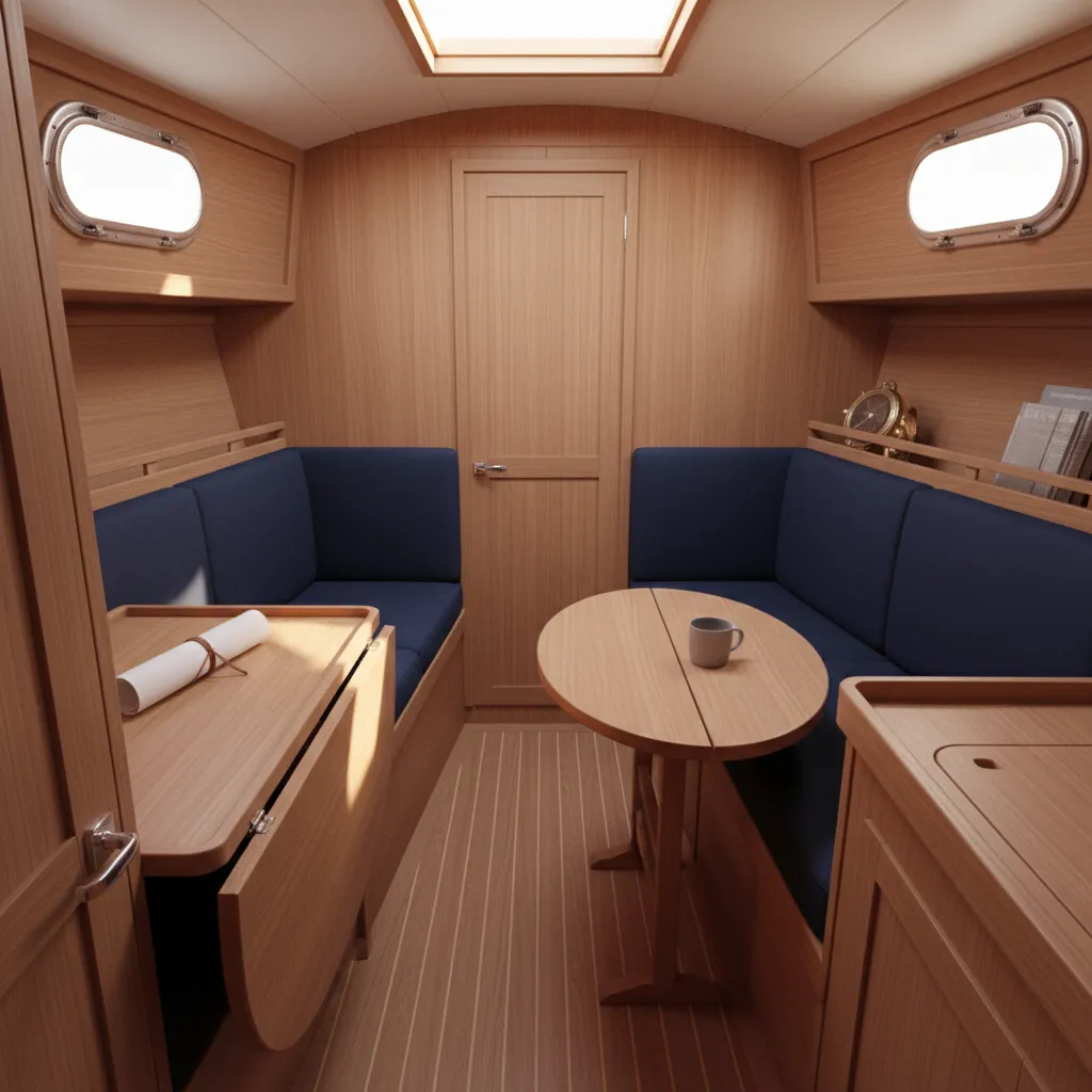minimalist sailboat cabin interior with nautical decor and compact wooden seating
