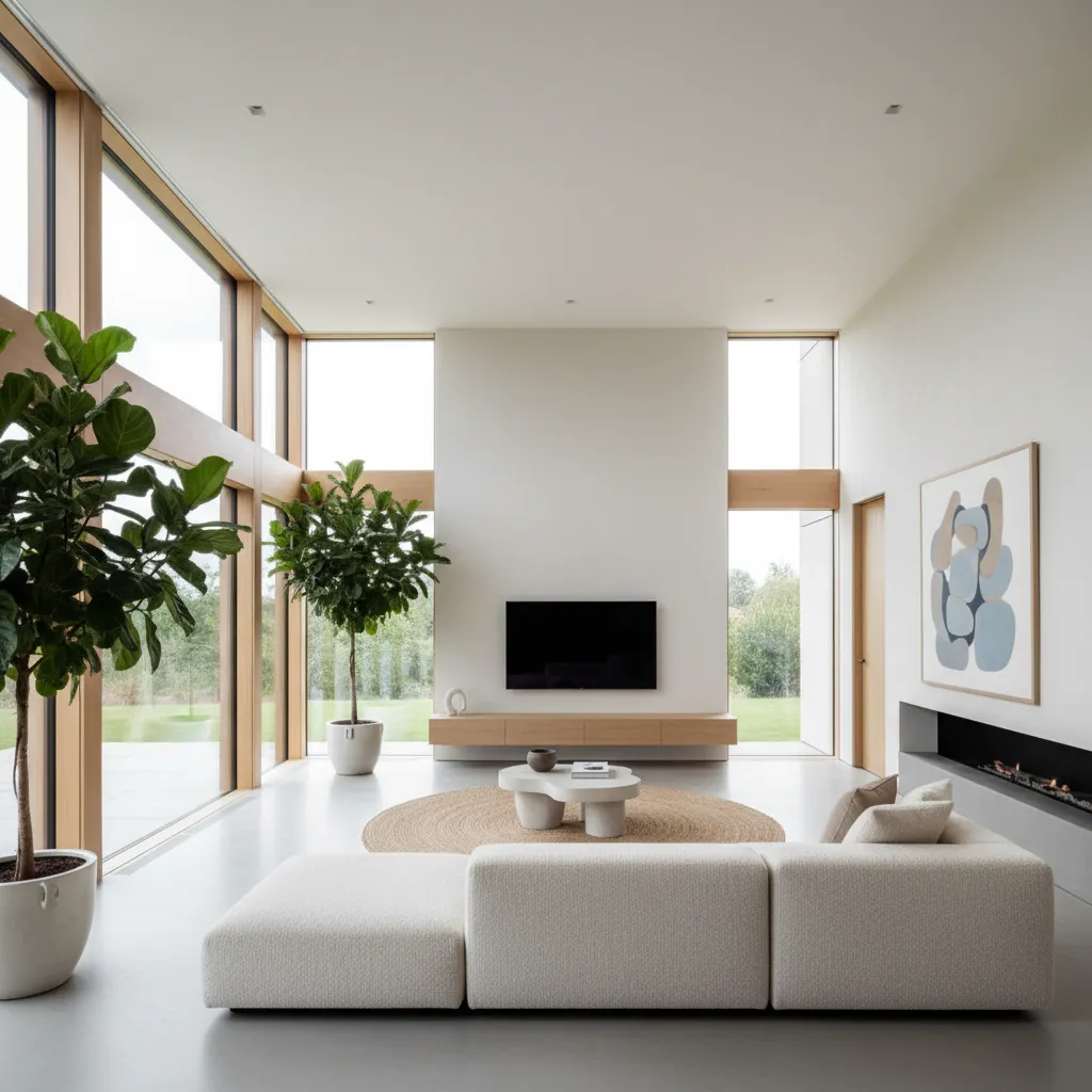 sala de estar iluminada em casa de 90 m2 com janelas grandes