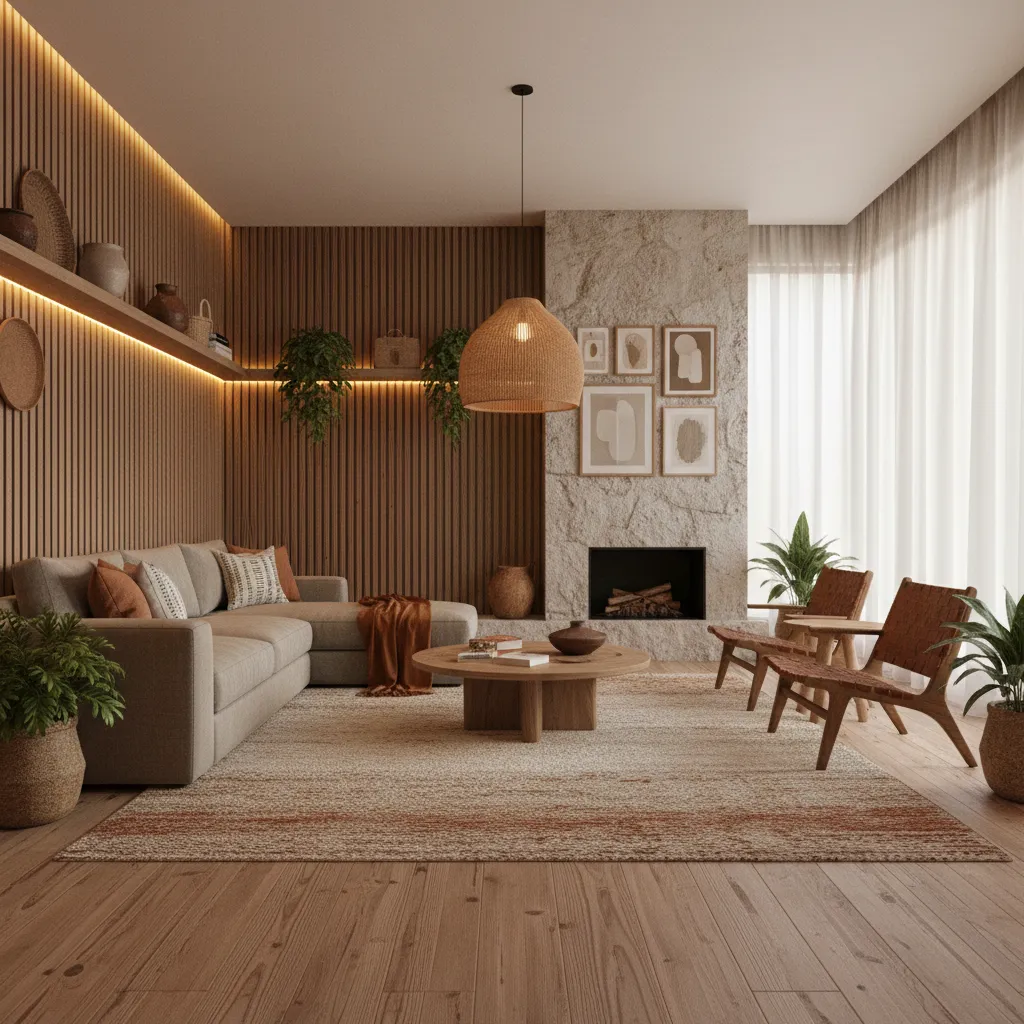 Warm living room with wood wall panel, stone fireplace, grey sofa, and round coffee table
