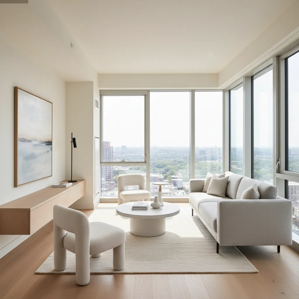 Sala moderna en casa pequeña con grandes ventanas y diseño abierto