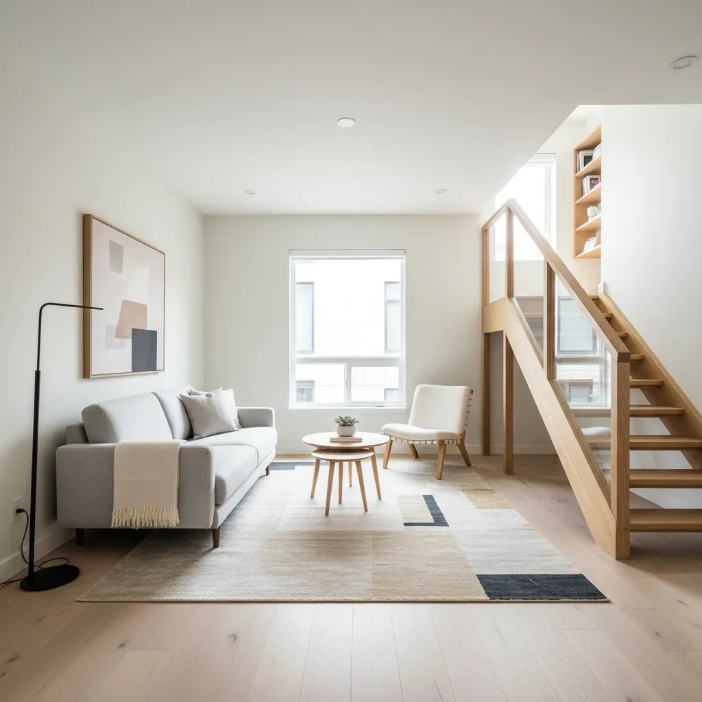 Sala luminosa en una casa pequeña con diseño minimalista