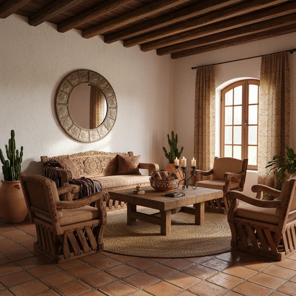 Sala de casa rústica mexicana con vigas de madera y piso de terracota