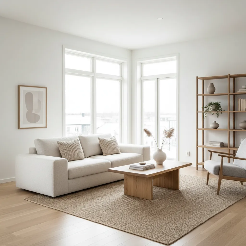 Sala de estar luminosa en una casa sencilla con muebles minimalistas