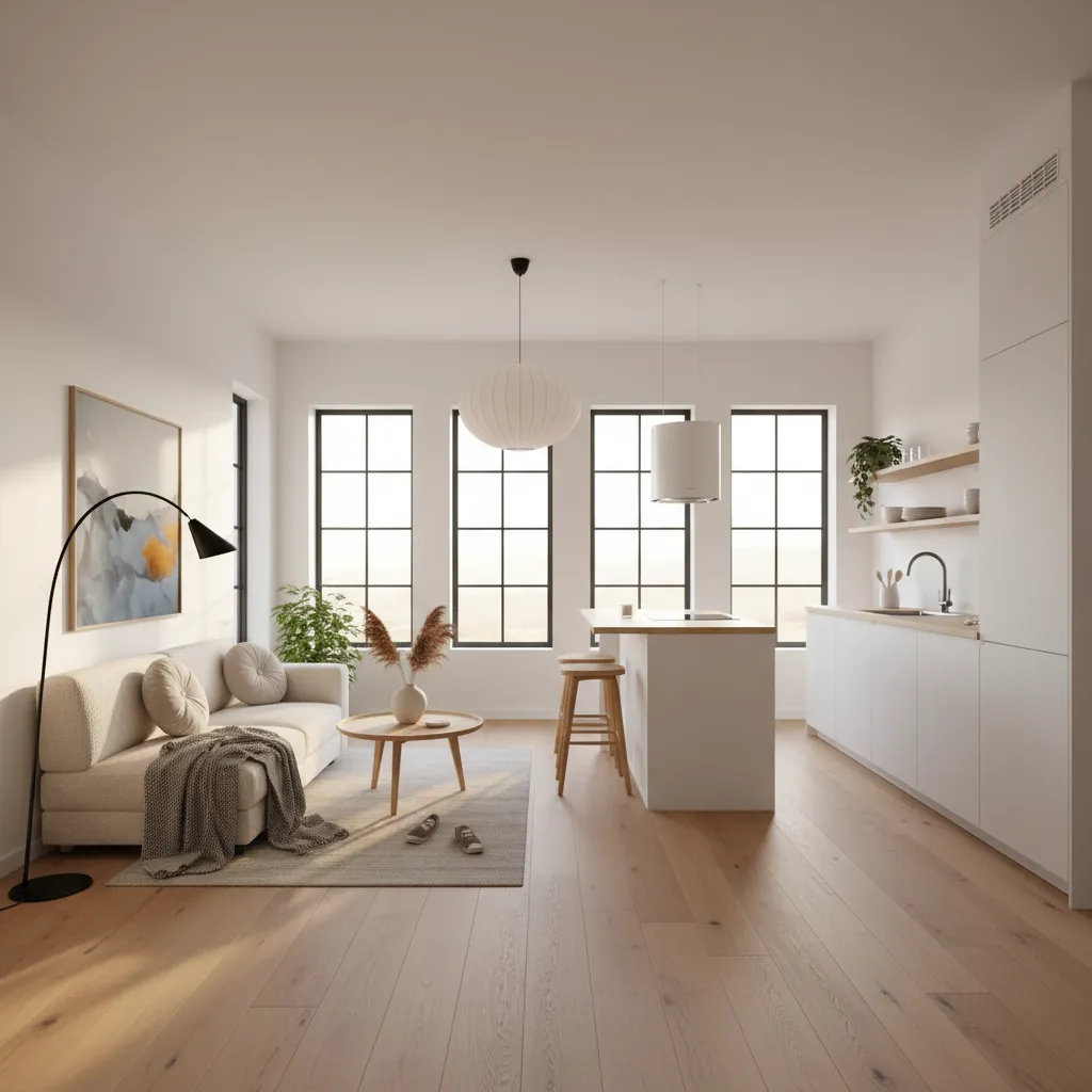 Sala y cocina abiertas en una casa moderna de 100 metros cuadrados