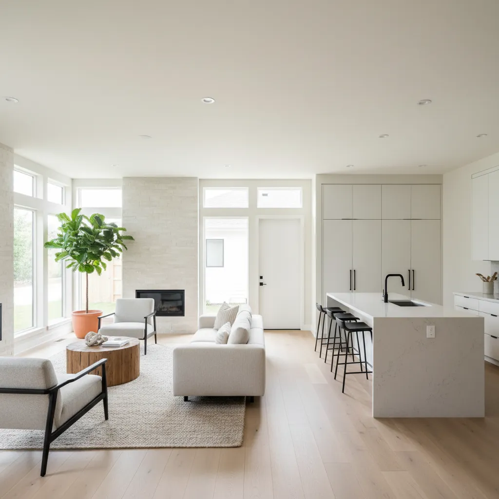 Sala y cocina abierta en una casa moderna de una planta
