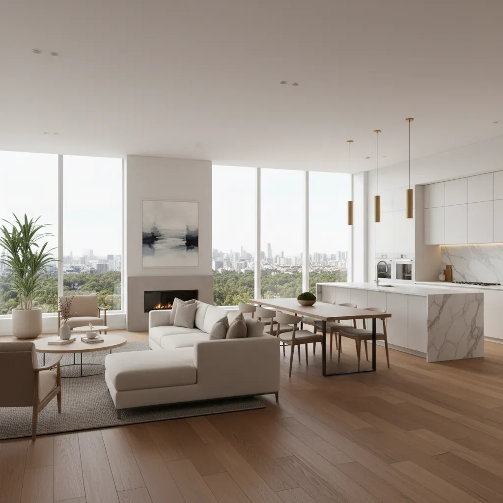 Interior de sala y cocina abierta en una casa moderna de tres dormitorios