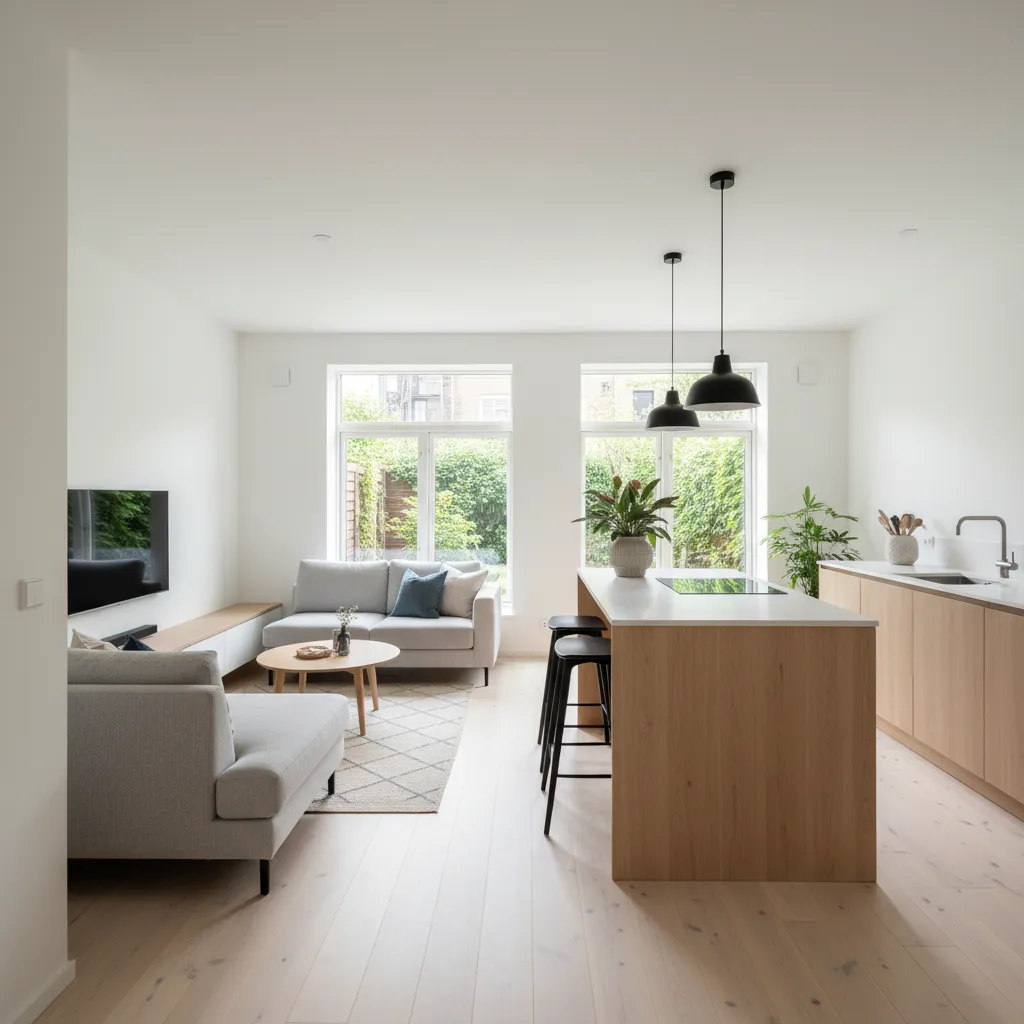 Modern open kitchen and living area with grey sofa wooden island and black ceiling lights