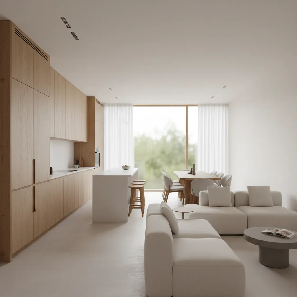 Sala y cocina integradas en una casa estrecha