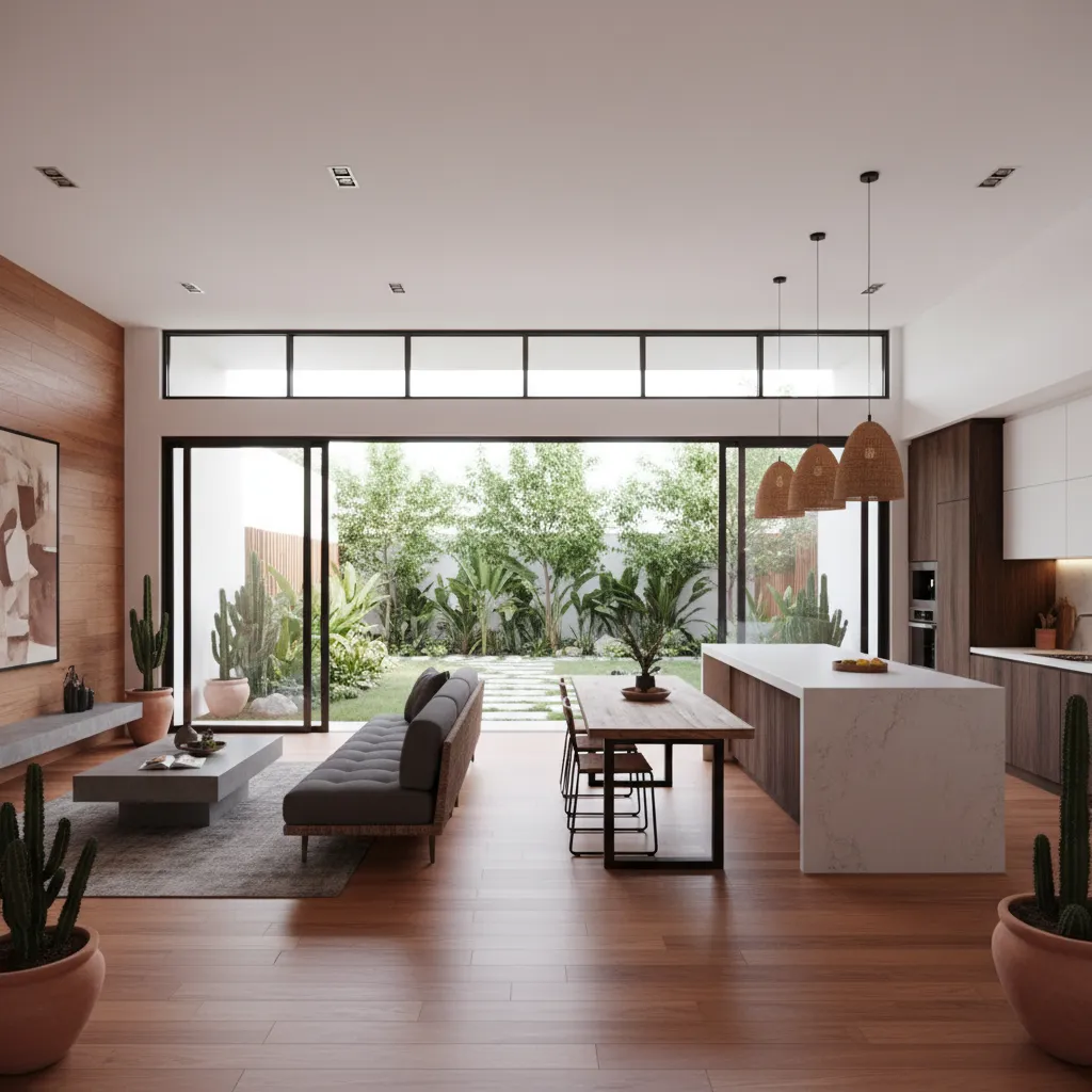Sala y cocina modernas integradas con puertas corredizas al jardín