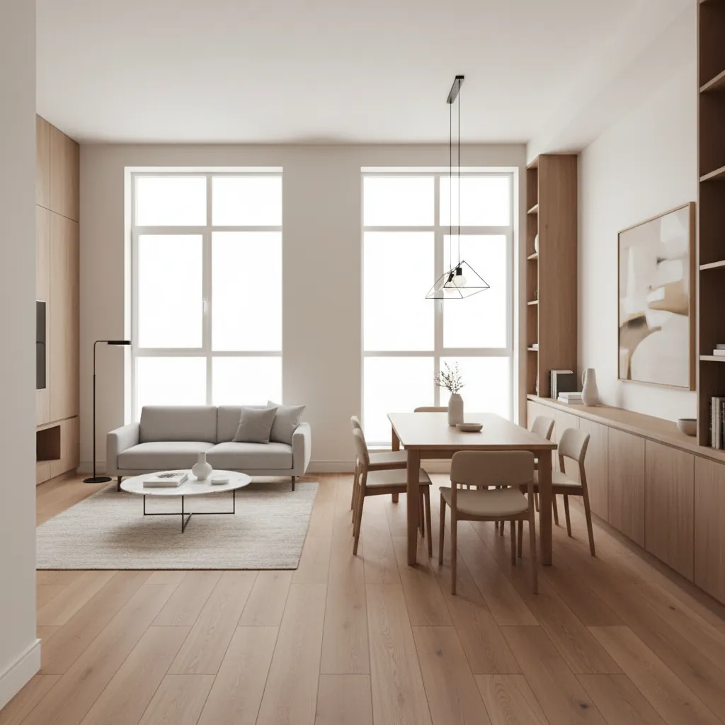 Modern open living and dining room with grey sofa wooden table wood flooring and windows