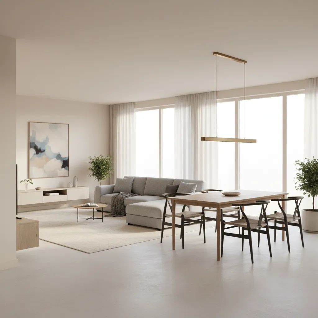 Open living dining room layout showing sofa area and dining table arrangement