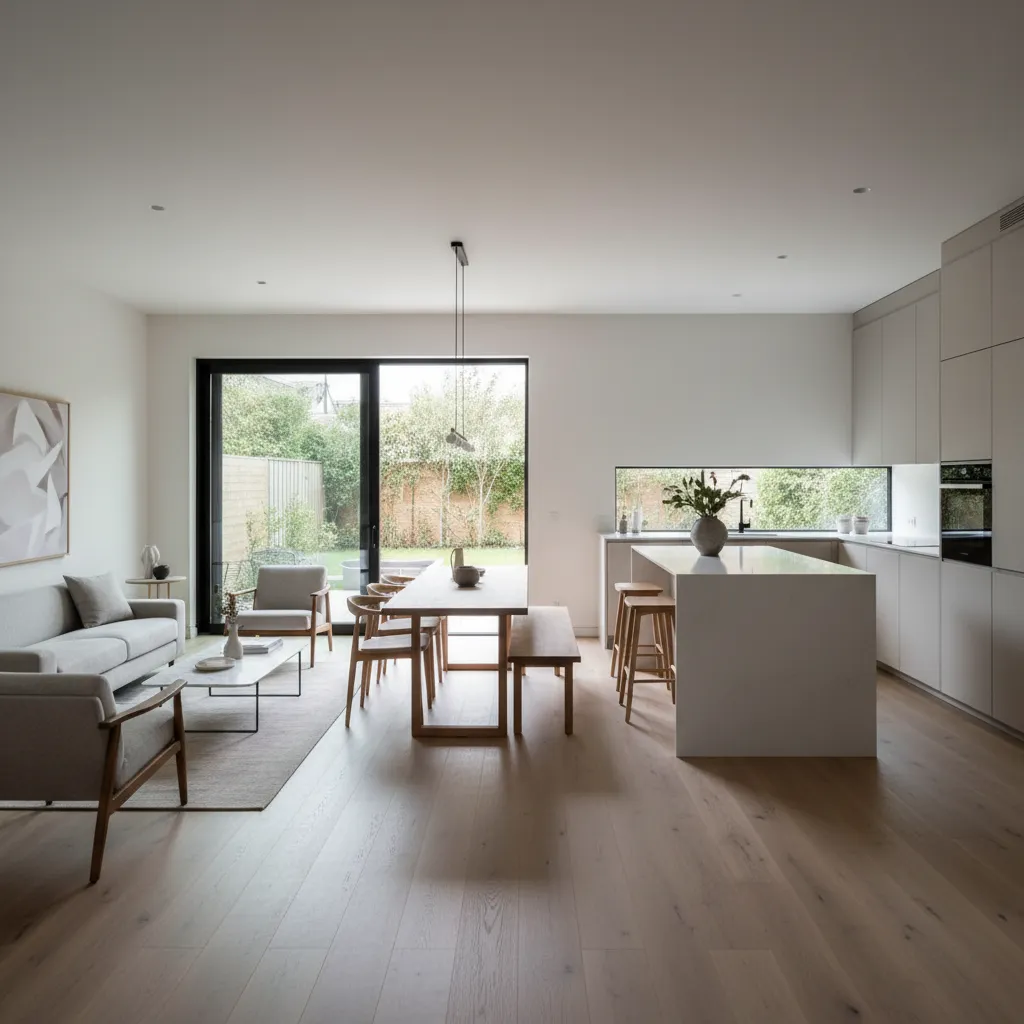 Sala y comedor integrados en una casa de terreno estrecho