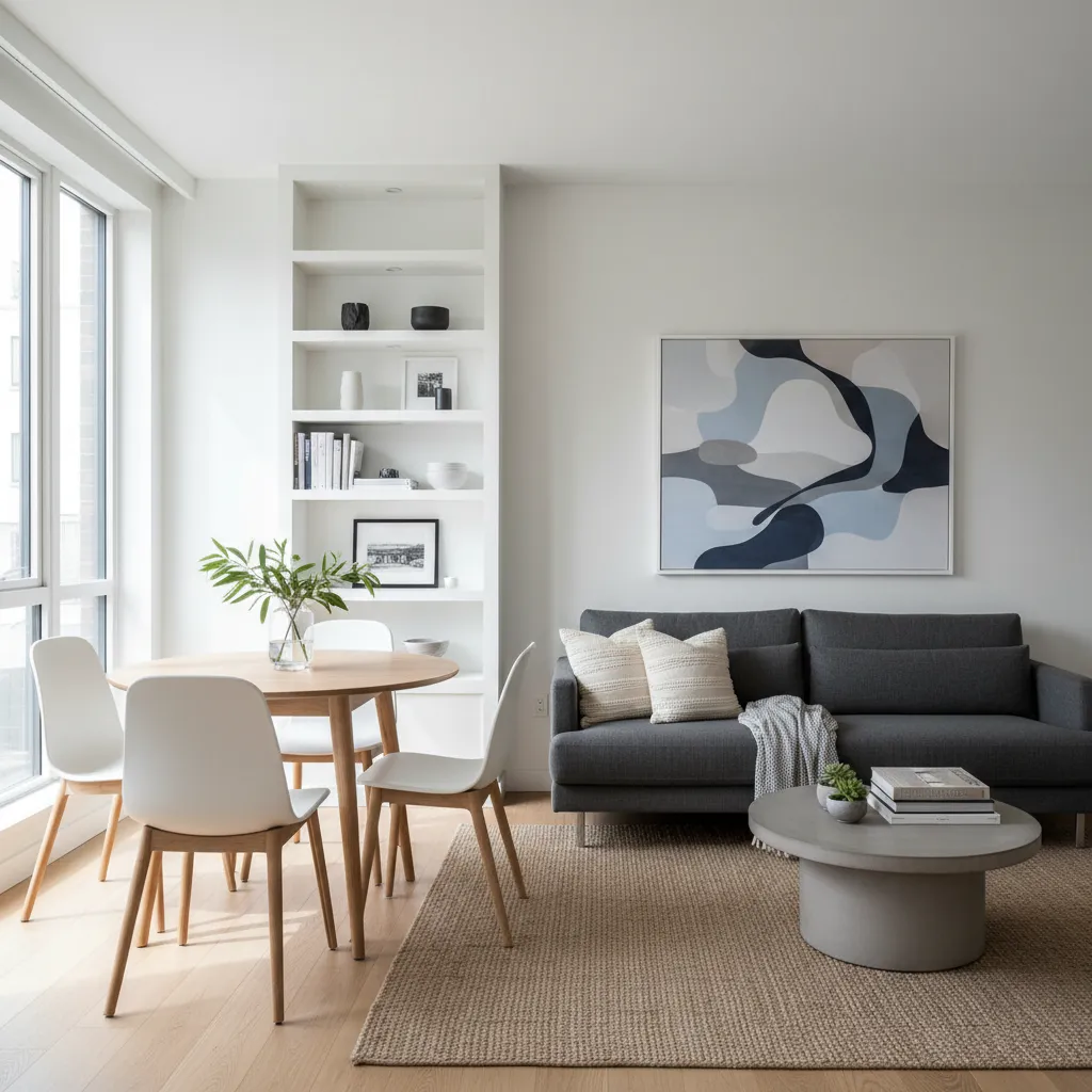 Small living room with grey sofa abstract wall painting round dining table and white chairs