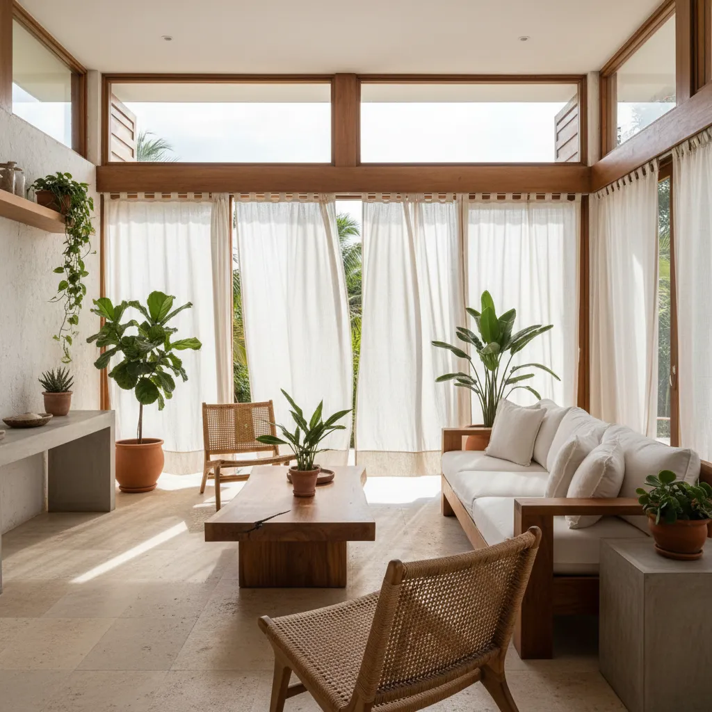 Sala luminosa con ventilación natural y estilo tropical contemporáneo