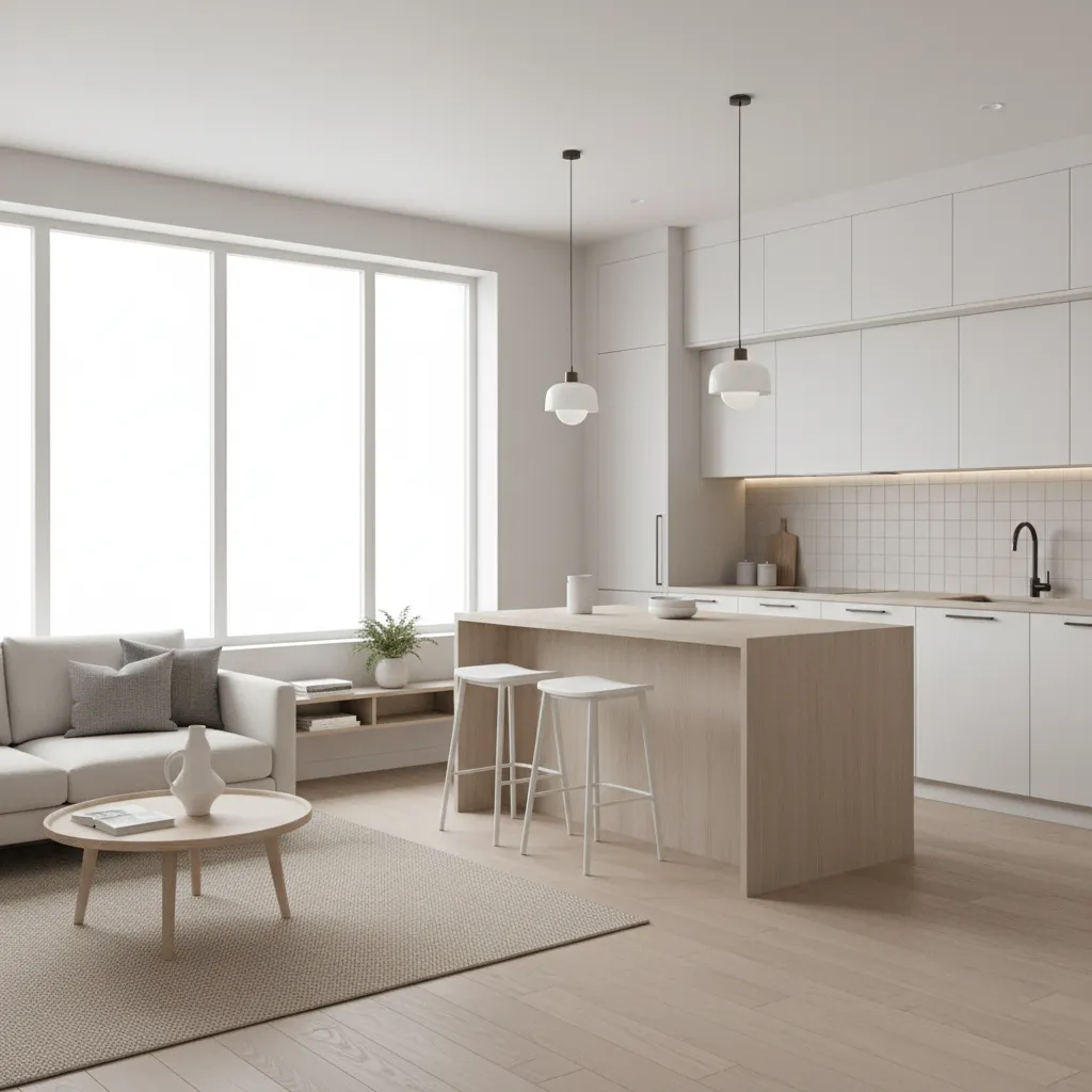 sala e cozinha integradas em casa compacta bem iluminada