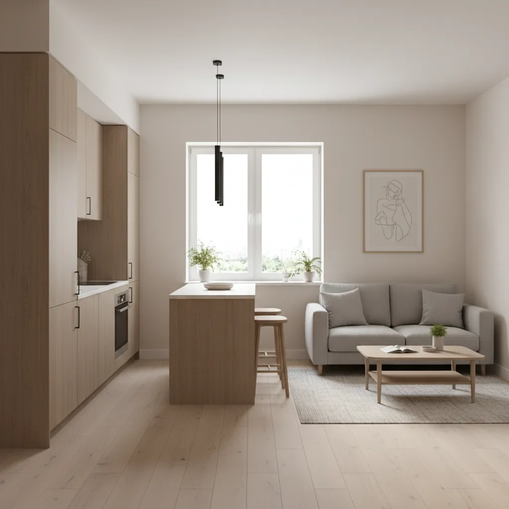 sala e cozinha integradas em casa compacta moderna