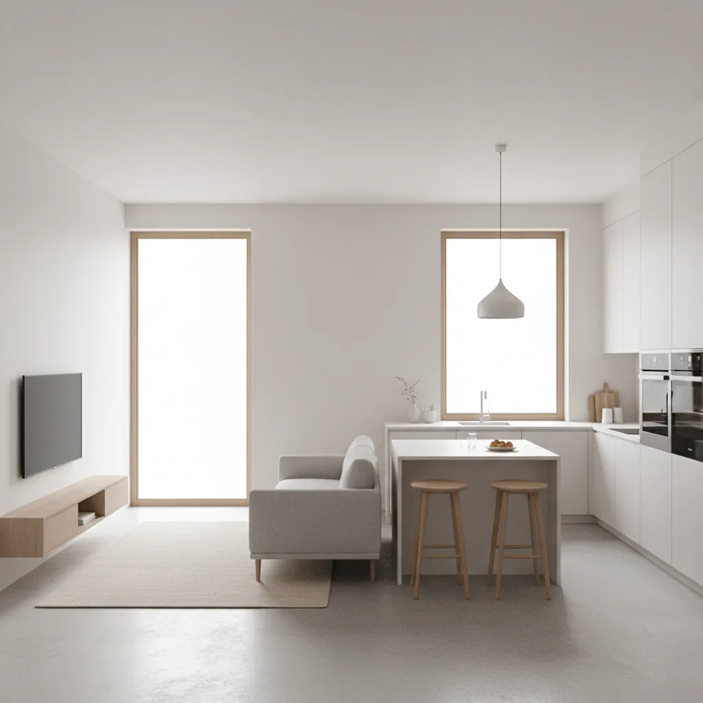Sala e cozinha integradas em casa pequena de 60m2