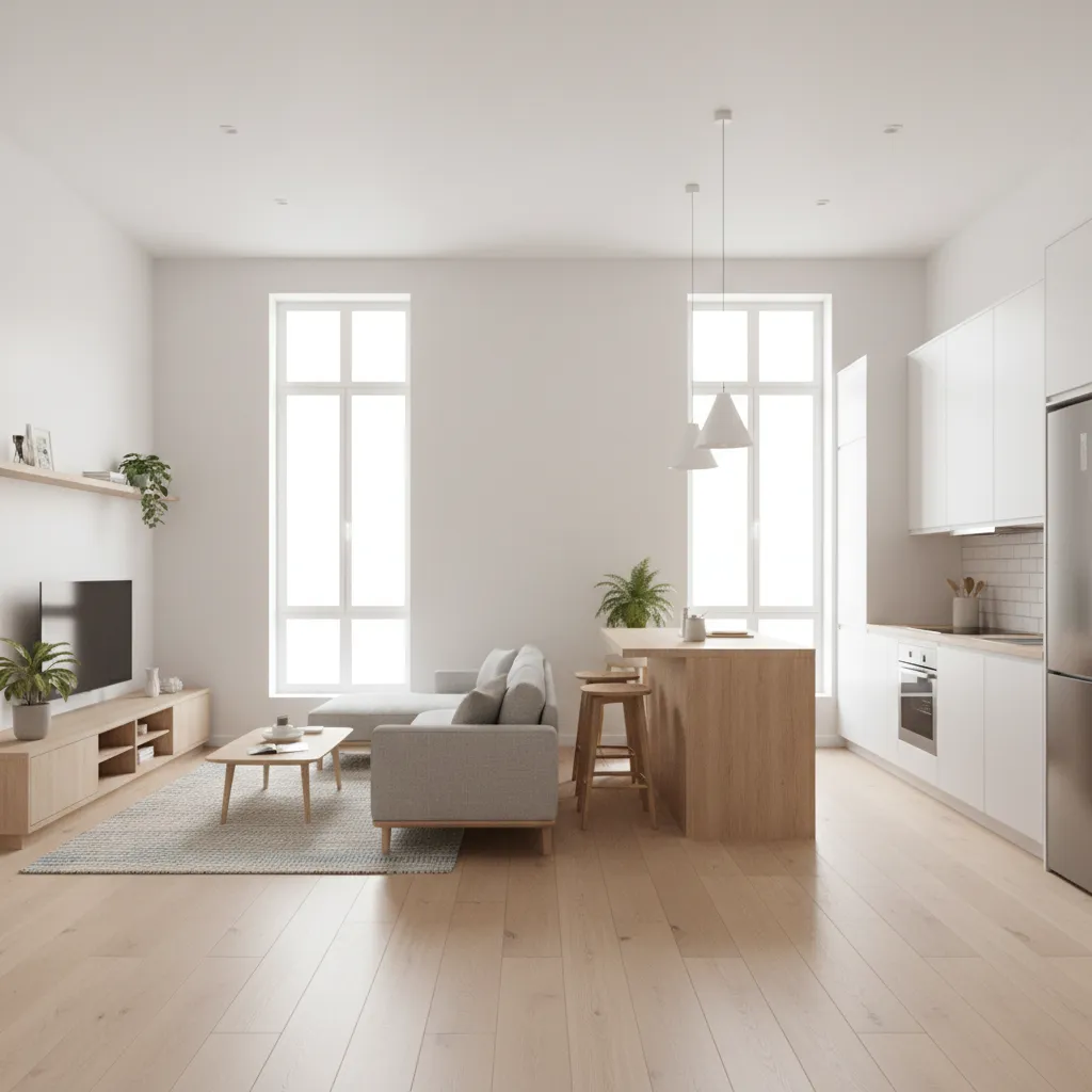 sala e cozinha integradas em casa pequena com decoração simples