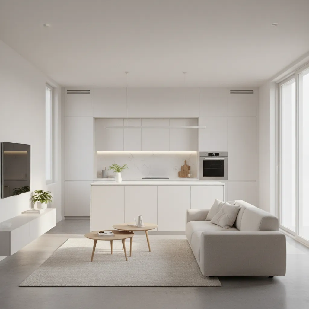 sala e cozinha integradas em casa pequena moderna