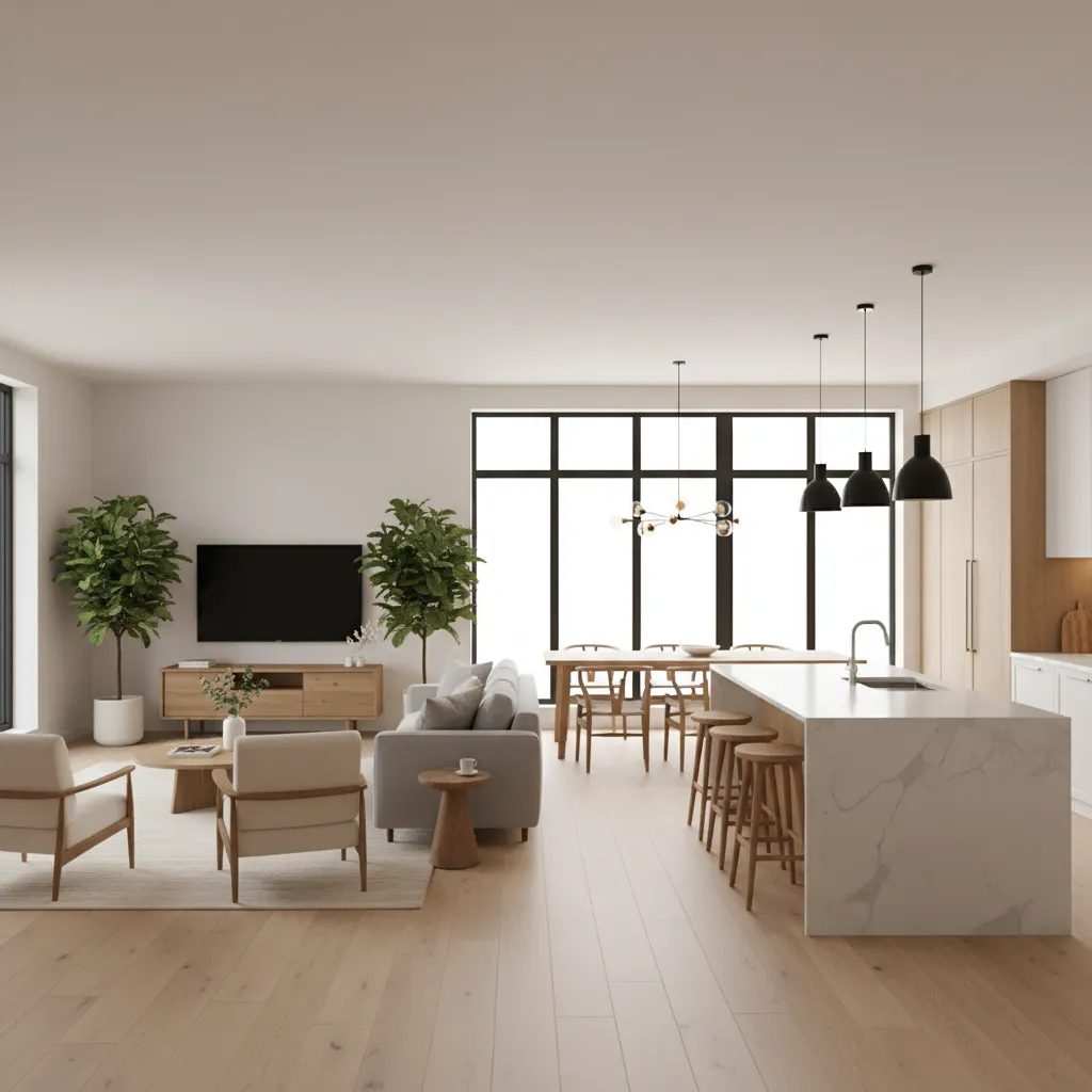Sala e cozinha integradas em casa moderna com layout aberto