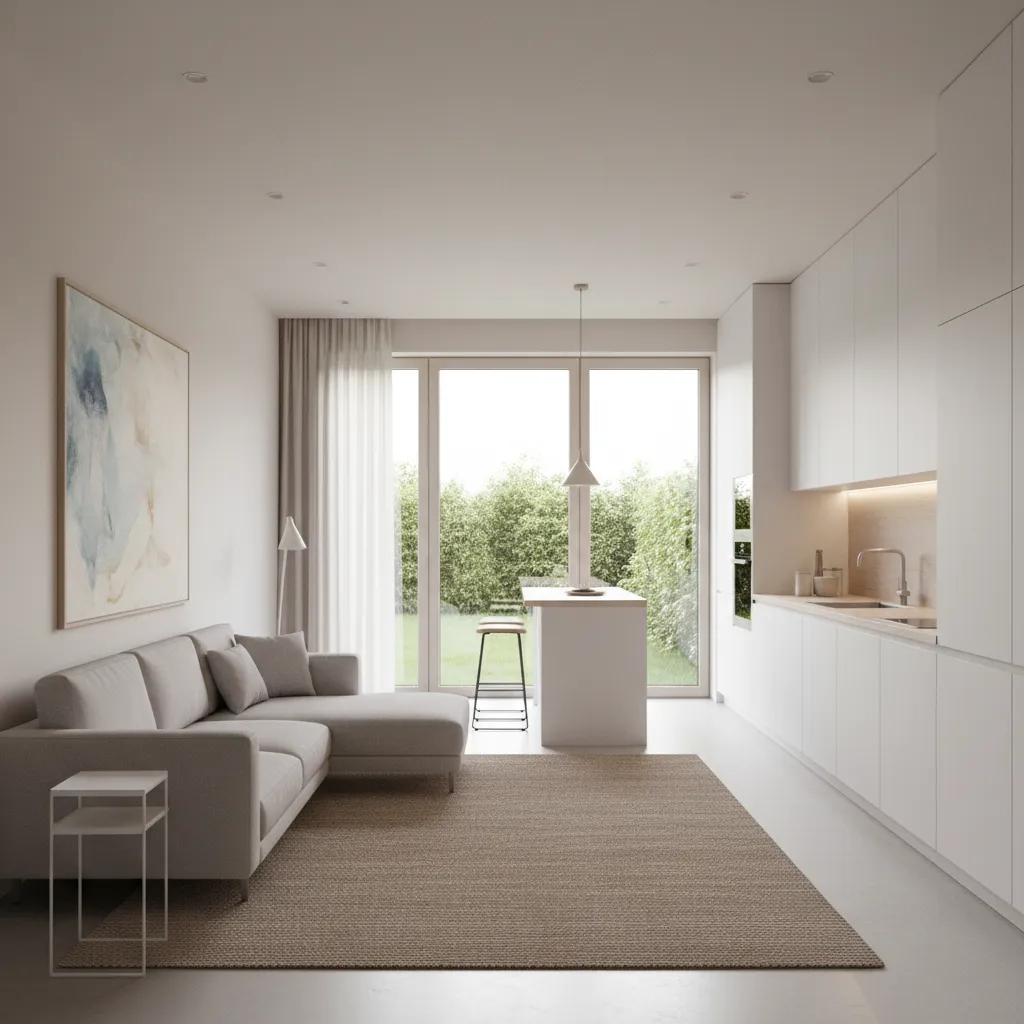 sala e cozinha integradas em casa estreita de 6 metros