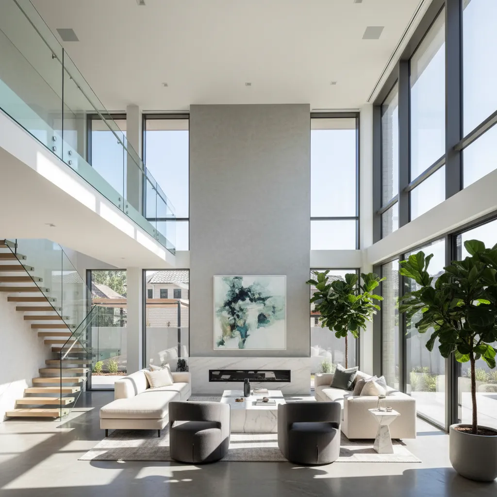 Sala de estar con doble altura en una casa moderna de dos pisos