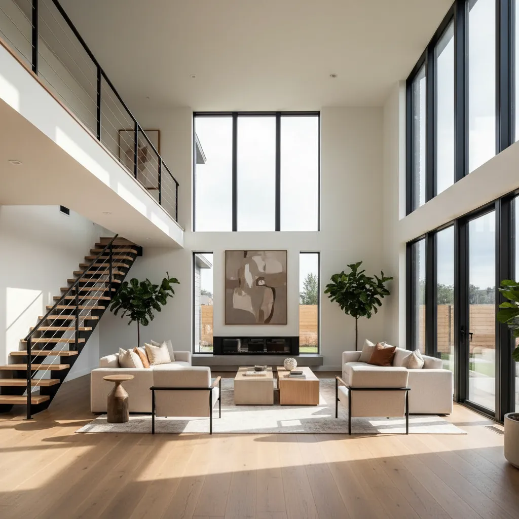 Salón moderno con doble altura y grandes ventanales verticales