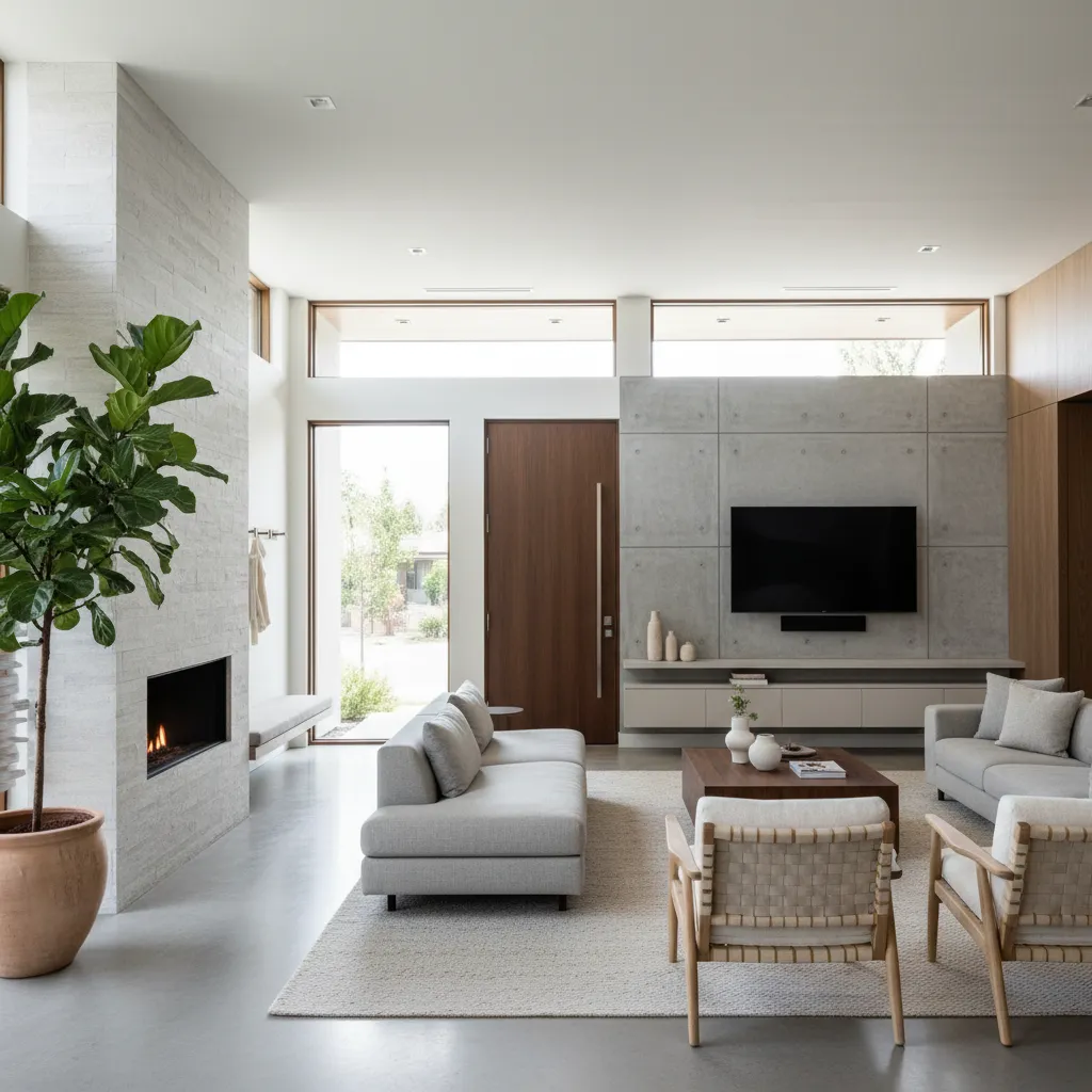 Modern living room featuring grey sofa wood coffee table concrete wall television fireplace and plant