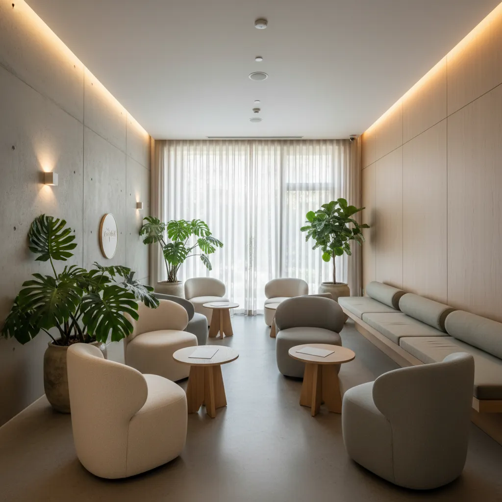 Sala de espera de clínica con diseño calmante y asientos cómodos