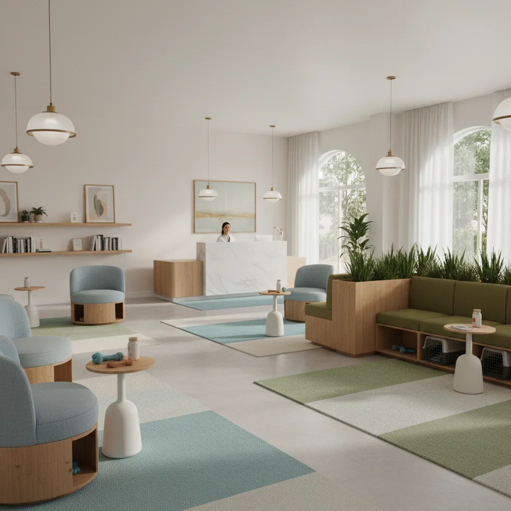 Sala de espera de clínica veterinaria con zonas separadas para mascotas