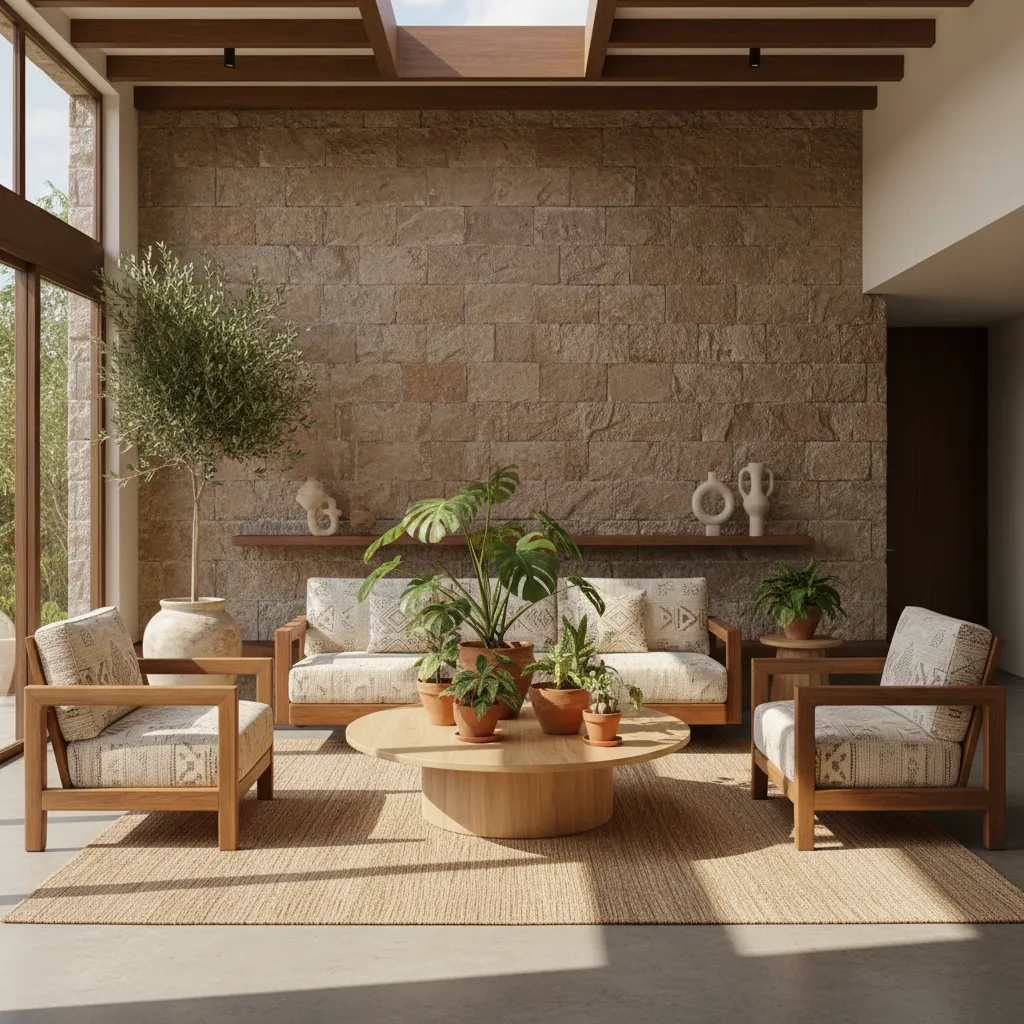 Living room with stone wall wooden ceiling sofa wooden chairs coffee table and many plants