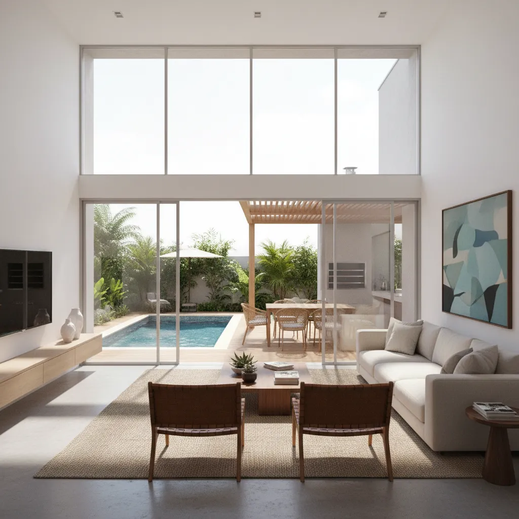 Sala integrada com varanda e vista para piscina