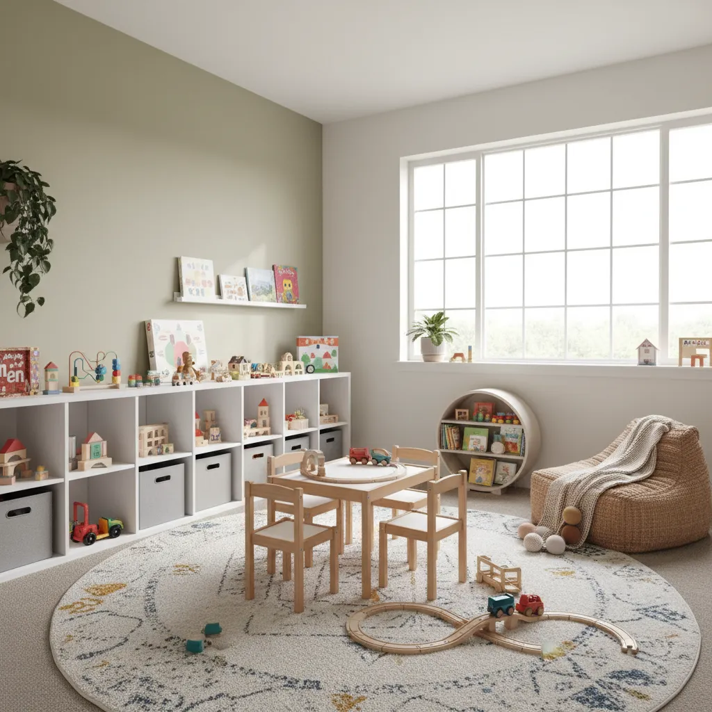 Kids play area featuring a wooden train set small activity table white shelves and large window