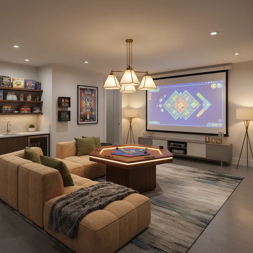Modern family game room with large projector screen brown sofa wooden table and ceiling light