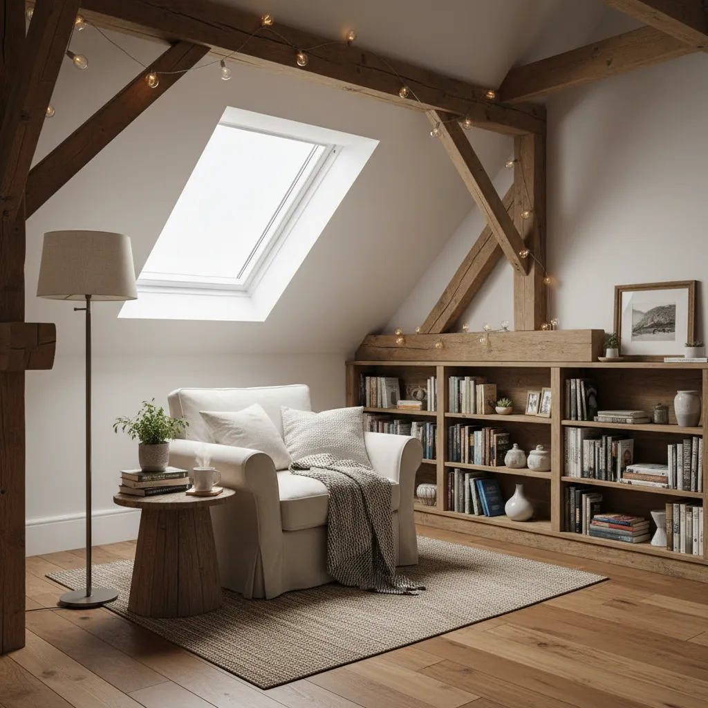 Zona de lectura acogedora en una buhardilla con vigas de madera