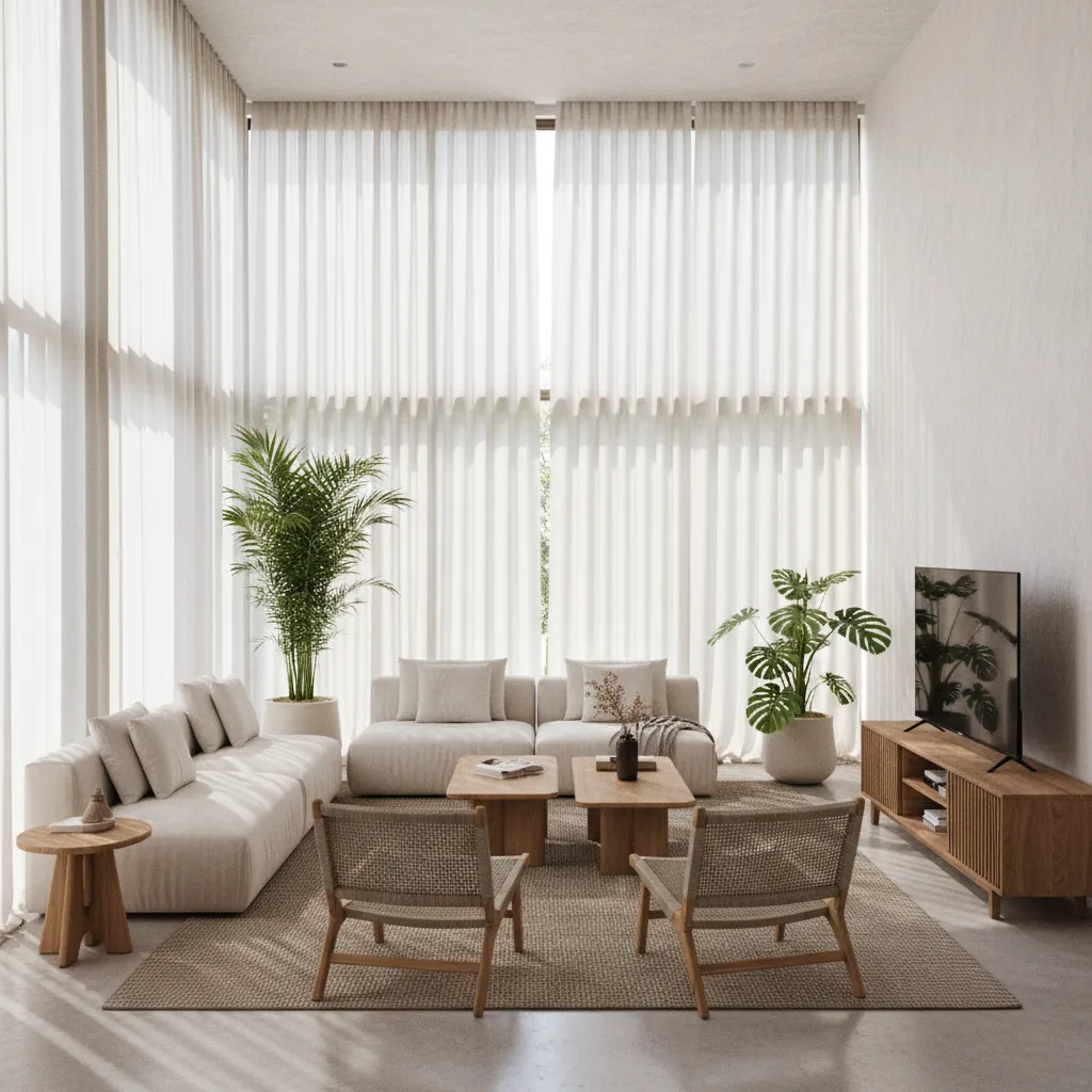 Sala minimalista con ventilación natural y colores claros