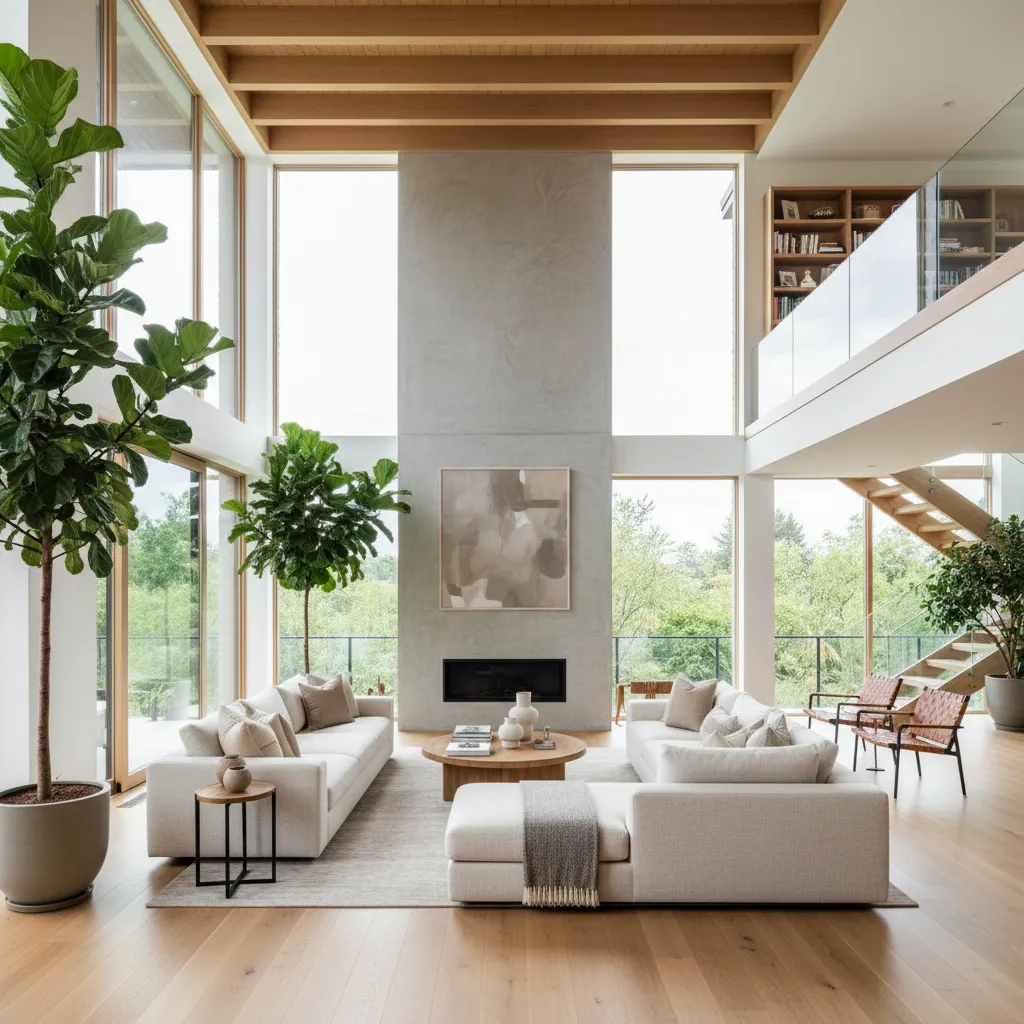 Modern high ceiling living room featuring white sofas wooden floors green plants fireplace and windows