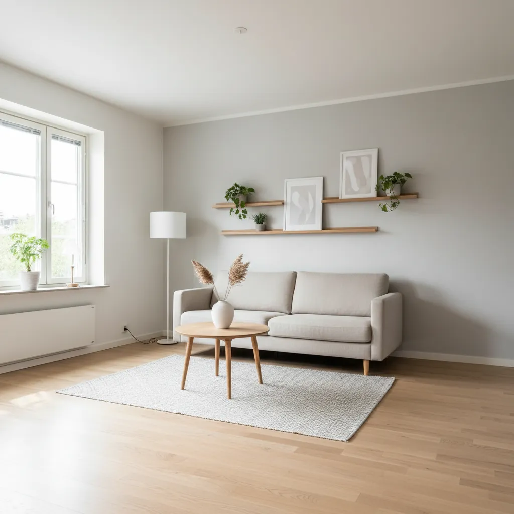 Sala pequeña con decoración minimalista y muebles ligeros