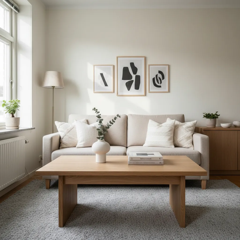 Sala pequeña con sofá compacto y distribución equilibrada