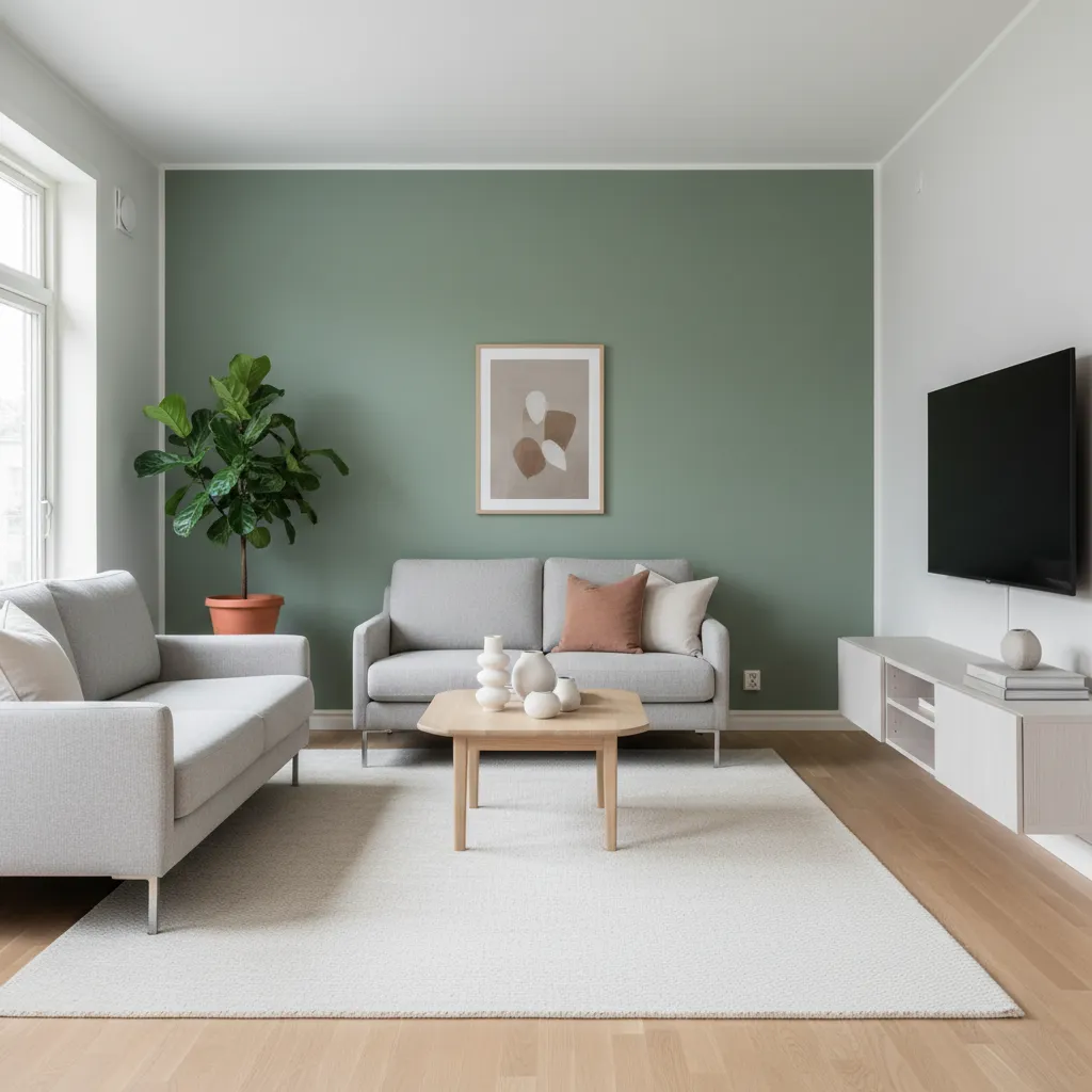 Sala pequeña con pared acento verde salvia y decoración moderna