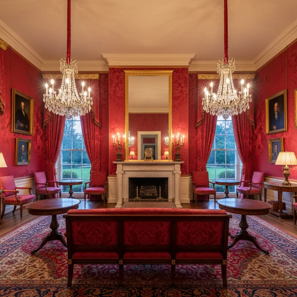 Traditional red living room with marble fireplace two ceiling lights red sofa and patterned rug