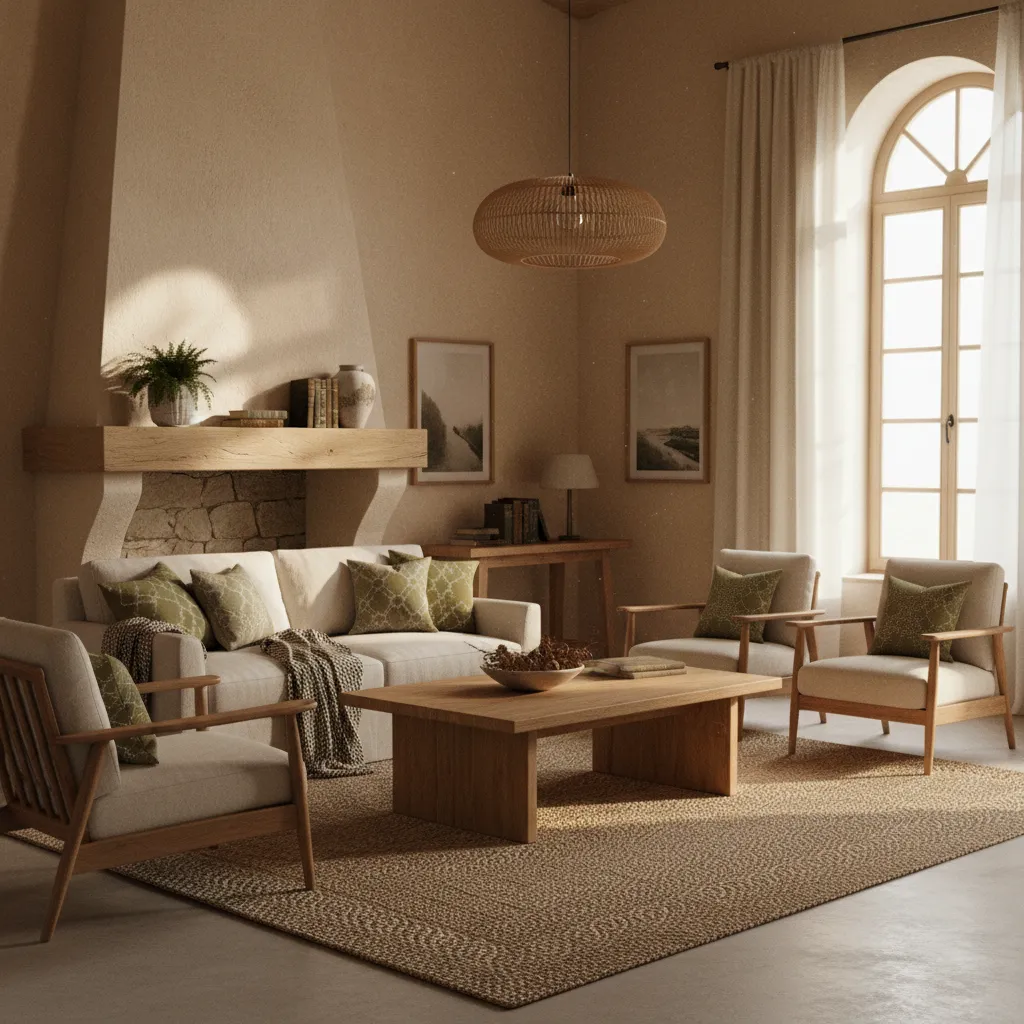 sala rústica con paredes beige sofá lino y muebles de madera natural
