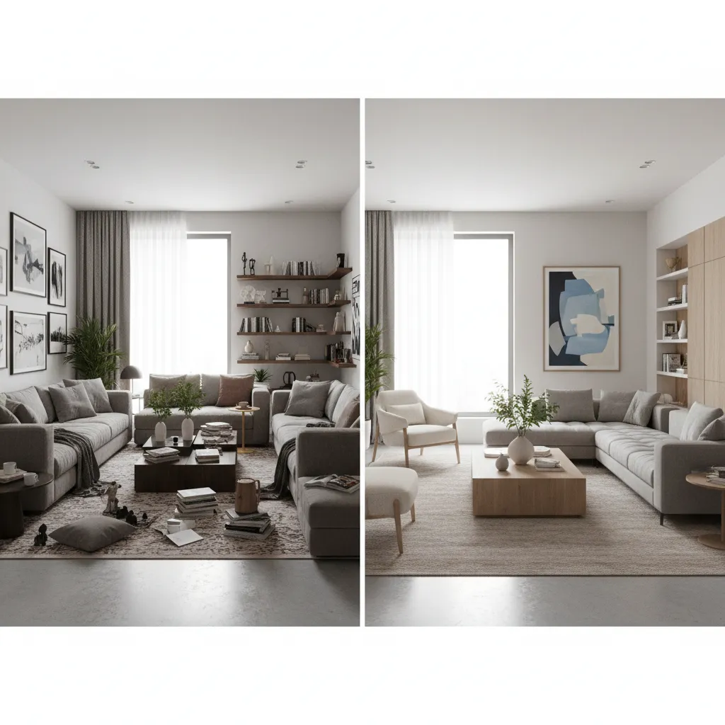 Before and after comparison of a messy cluttered living room versus a clean minimalist room layout