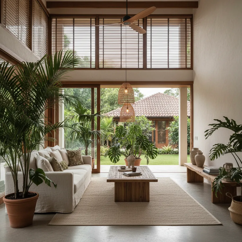 Sala contemporánea con estilo tropical y colores neutros
