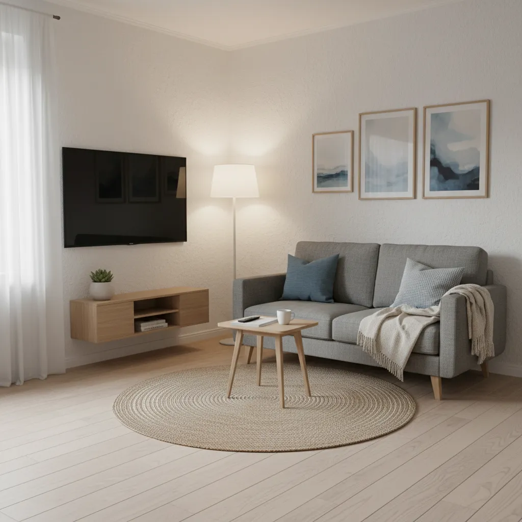 Pequeña sala de TV bien organizada en apartamento