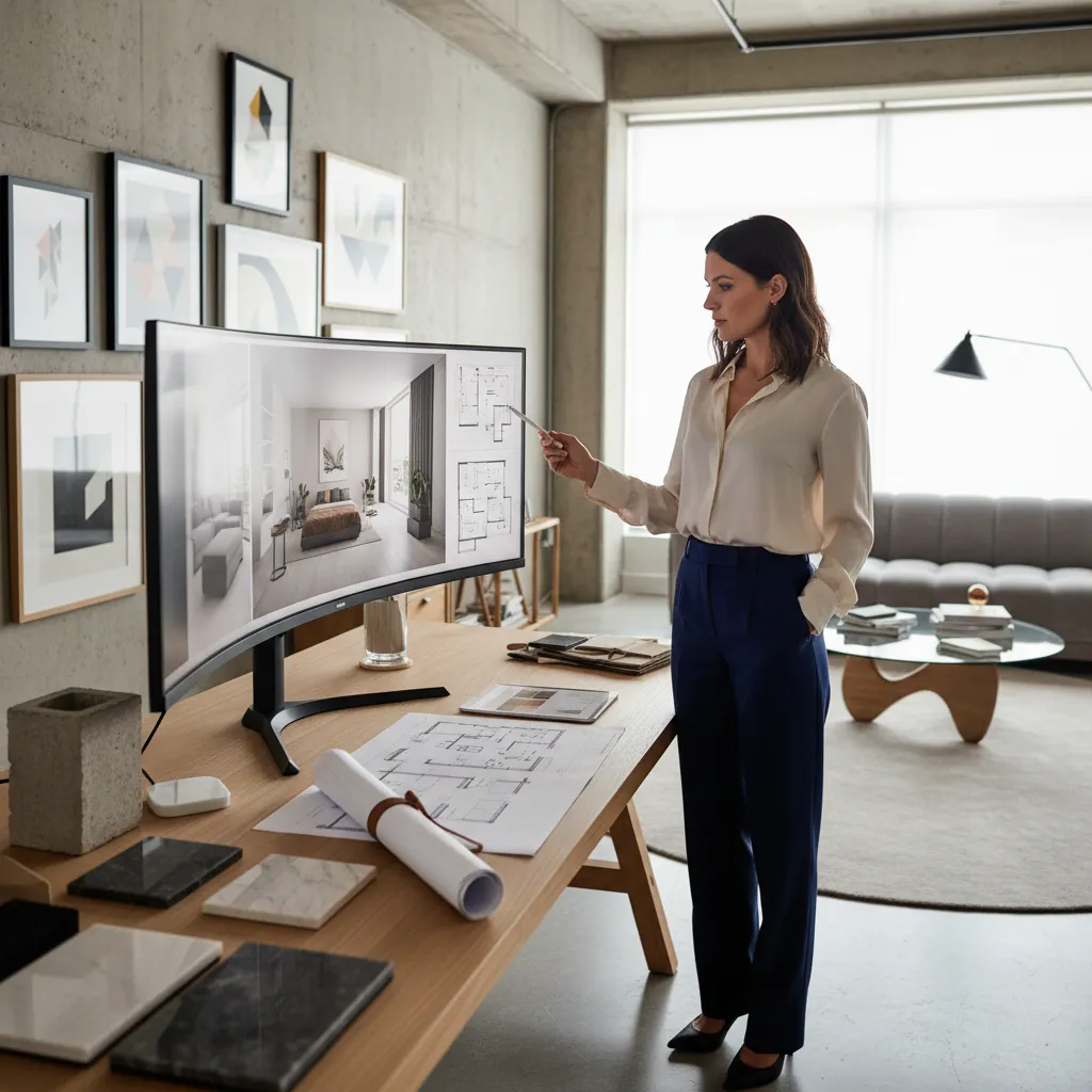 Woman pointing at a large monitor showing bedroom interior design drawing and a room layout