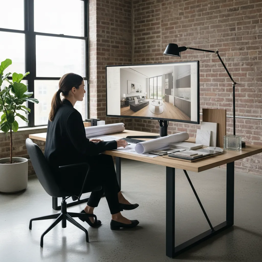 Woman sitting at computer desk creating an interior design drawing of a modern living room