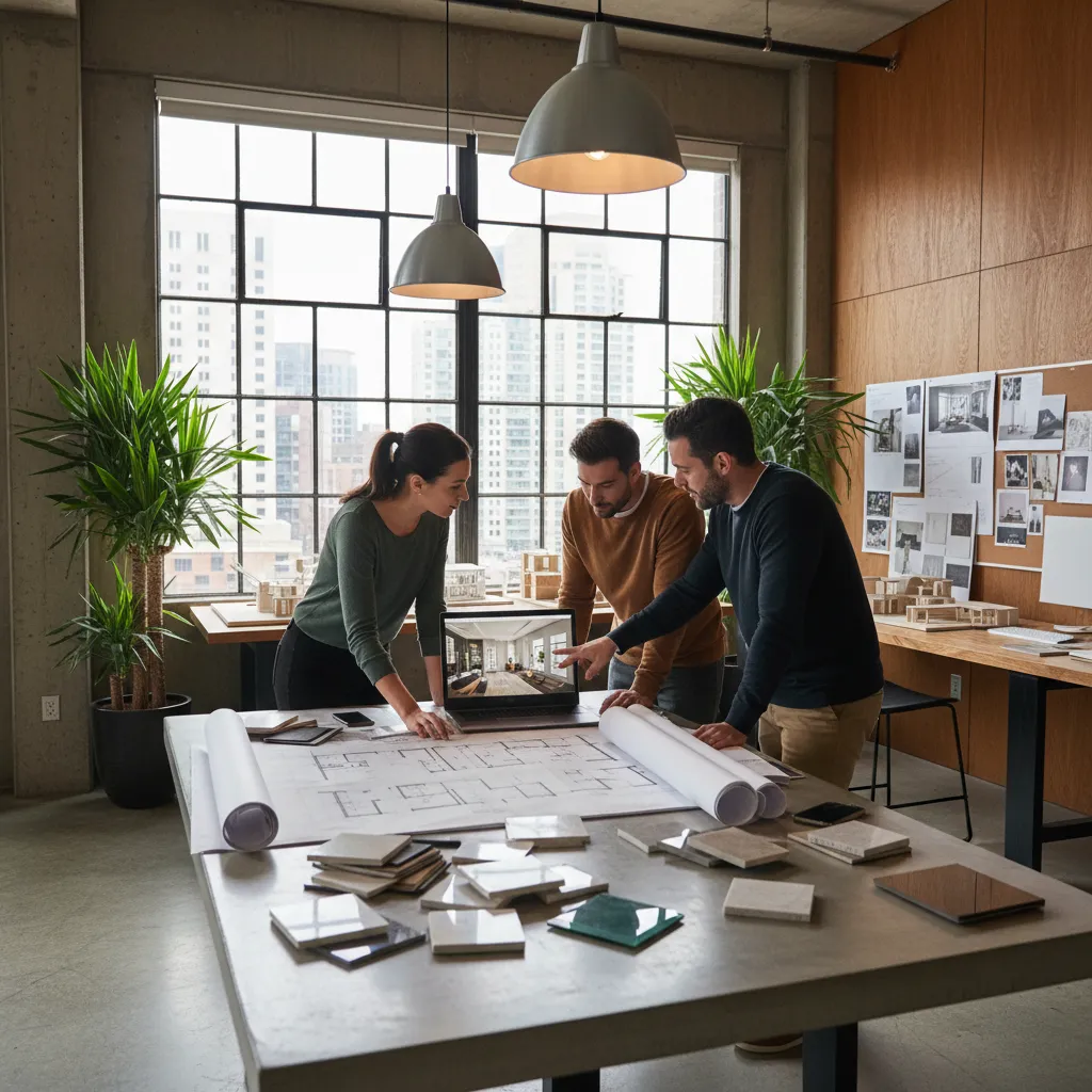 Equipo de diseñadores de interiores trabajando en planos y renders en un estudio